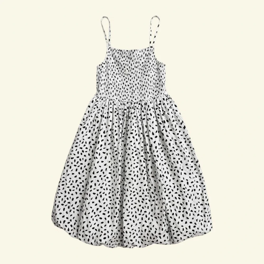 Black White Spotted Smocked Bubble Hem Midi Dress Medium Stretchy Spring Summer
